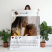 Personalized light themed instagram post blanket with grandma and grandchild, held by a woman indoors.