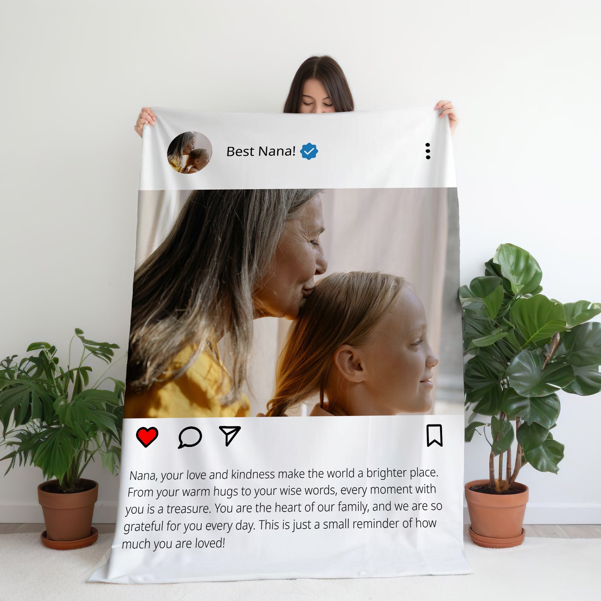 Personalized light themed instagram post blanket with grandma and grandchild, held by a woman indoors.